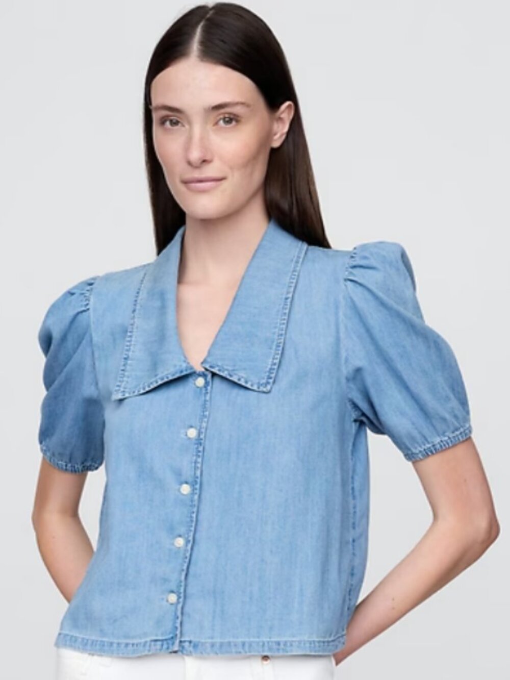 GAP Denim Puff Sleeve Collared Shirt | Size XL Tall